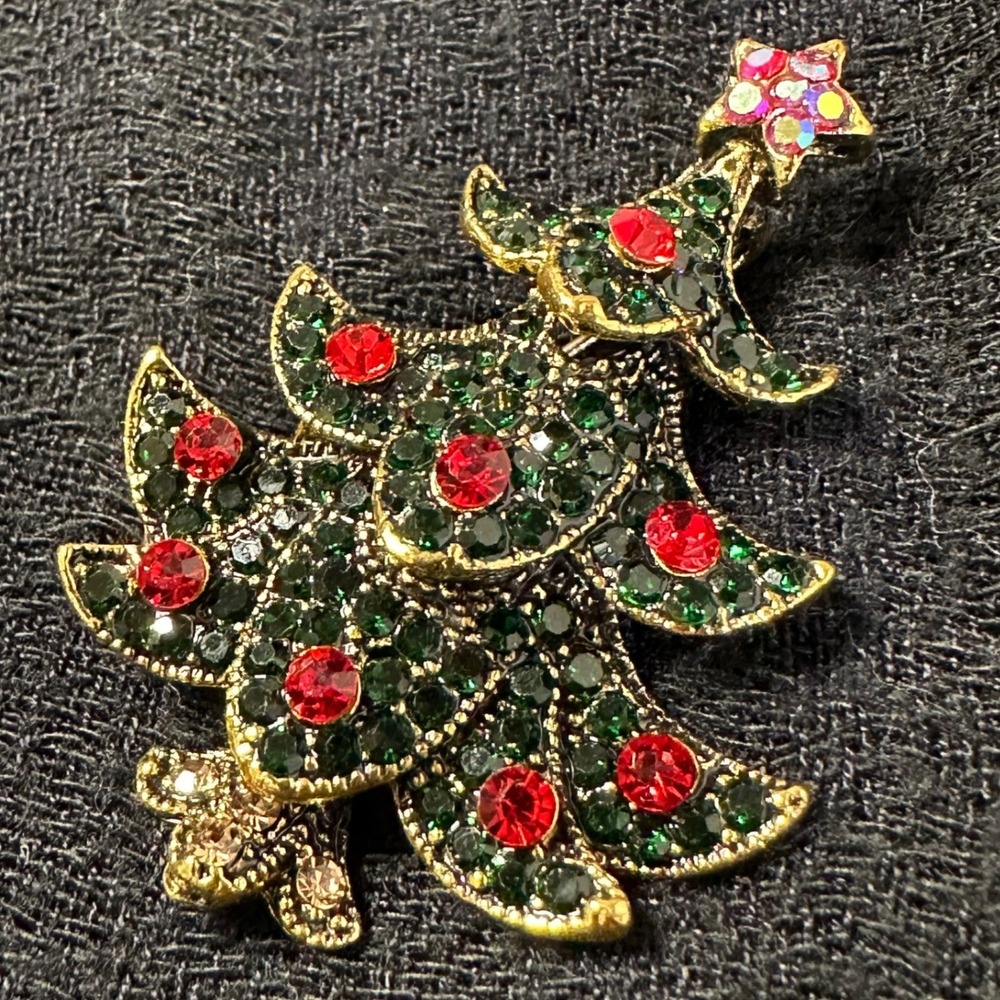 Vintage Christmas Tree Brooch Green Rhinestones Red Ornaments‎ Gold Pin